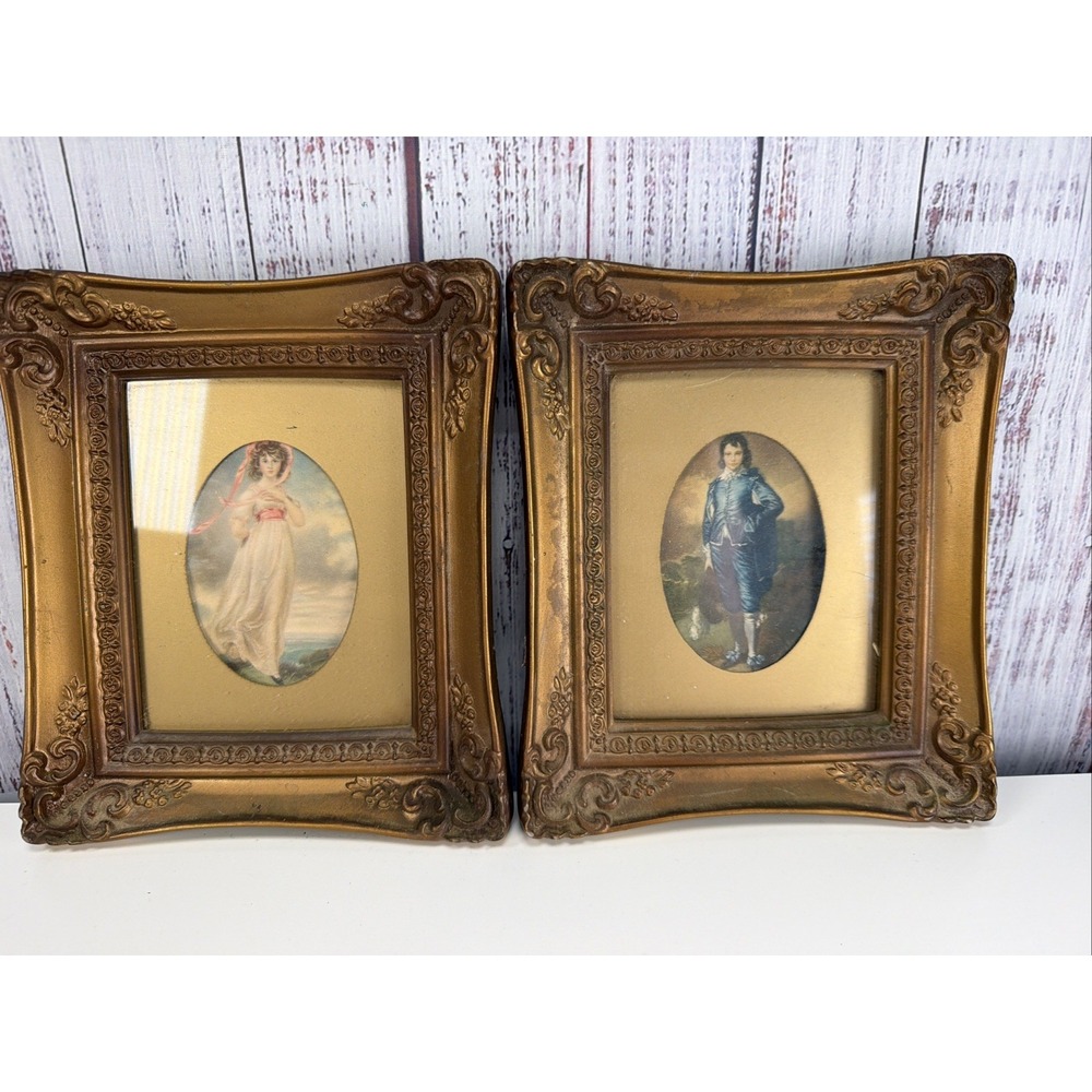 Vtg Blue Boy & Pinkie Girl Framed Pictures Gold Tone Ornate Frame USA 7" x 6"
